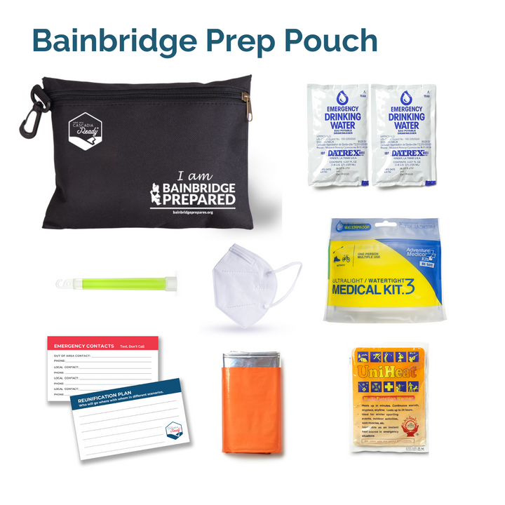 Image showing Black Zippered pouch with contents including emergency water packets, emergency light stick, KN95 mask, first-aid kit, emergency blanket, 24-hour body warmer and emergency contact card